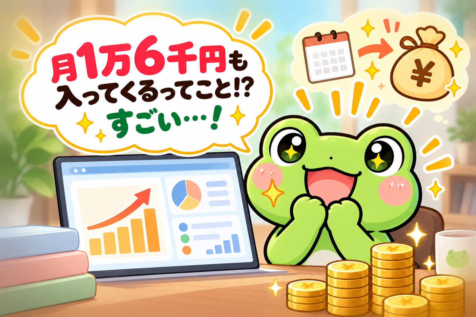 「月1万6千円も入ってくるってこと!? すごい…！」と毎月の分配金に期待して目を輝かせるけろよん