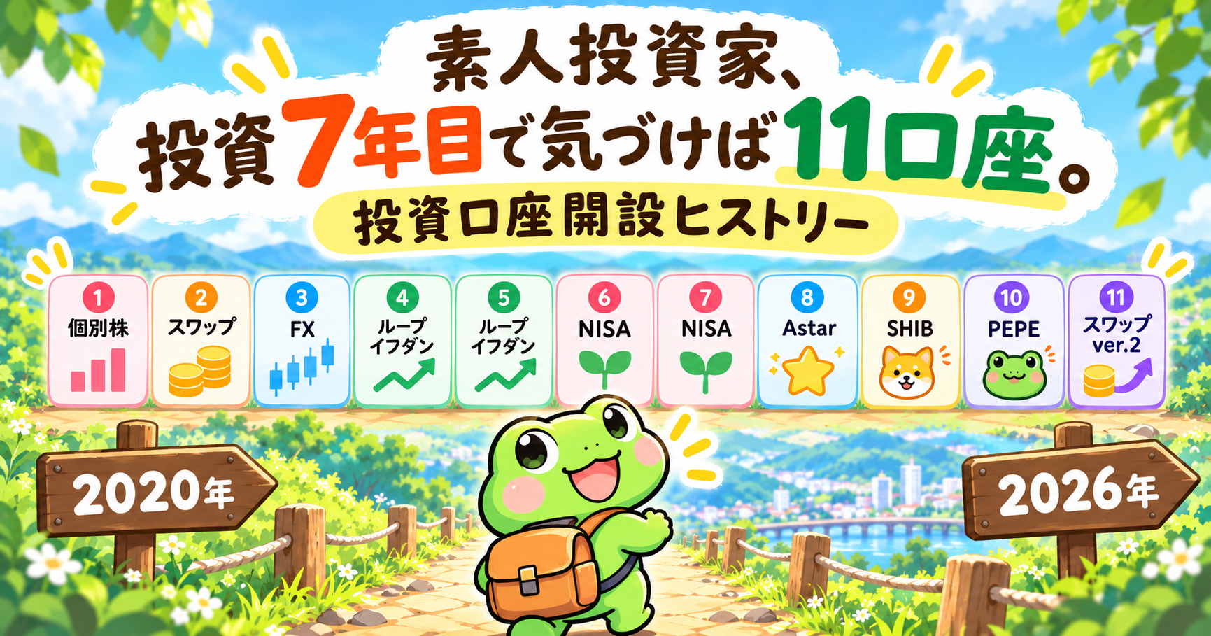 2020年から2026年までに増えた個別株・FX・NISA・仮想通貨など11の投資口座と、振り返るけろよんを描いたアイキャッチ